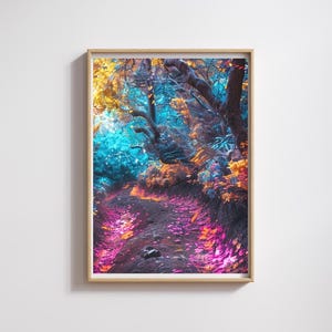 May include: A framed art print showcasing a vibrant forest scene. The artwork features a path with pink and purple foliage, framed by trees with teal and gold leaves. The print is encased in a light-colored wooden frame, creating a striking contrast.