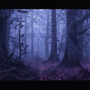 Peut inclure: Une scène de forêt brumeuse avec de grands arbres sombres et un sous-bois violet. L'image est enveloppée d'une brume bleue, créant un paysage mystérieux et atmosphérique. Les arbres sont couverts de mousse.