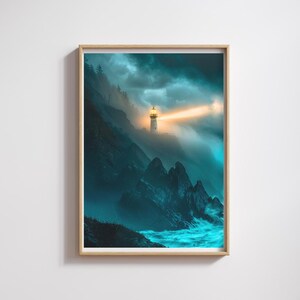 May include: A framed print of a coastal scene featuring a lighthouse on a cliff. The lighthouse emits a bright beam of light, illuminating the dark, stormy sky and the turbulent ocean below. The artwork is framed in a light-colored wooden frame.