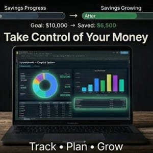 May include: A laptop displaying a financial dashboard with charts and graphs. The screen shows a savings progress bar, a goal of $10,000, and $6,500 saved. Text on the screen reads "Take Control of Your Money" and "Track • Plan • Grow."
