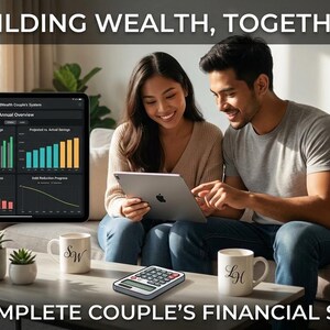 Op de afbeelding: Afbeelding van een stel dat een tablet gebruikt met financiële grafieken. De tekst "BUILDING WEALTH, TOGETHER" en "THE COMPLETE COUPLE'S FINANCIAL SYSTEM" zijn zichtbaar. Bekers en een rekenmachine staan op de tafel.