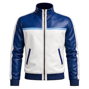 Chaqueta de cuero azul y blanca inspirada en Shingo para hombre, estilo KOF 97, para cosplay, estilo motero, streetwear, con cremallera.