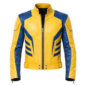 Wolverine Leather Jacket Men X-Men Yellow Blue Biker Jacket Cosplay Costume Logan Inspired Motorcycle Jacket Halloween Outfit