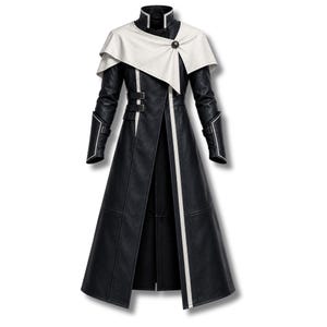May include: A long black coat featuring a white asymmetrical shoulder cape secured with a single dark button. The coat includes a high collar, vertical white piping, two side waist straps with buckles, and flared cuffs with white trim detailing.