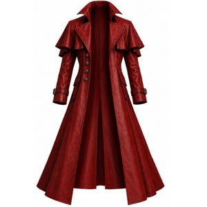 Puede incluir: Un abrigo largo de color rojo intenso con cuello estructurado, diseño de hombros con doble capa tipo capa y una hilera de botones oscuros en la parte delantera. El abrigo tiene mangas largas con puños de hebilla, dos bolsillos y dobladillo.