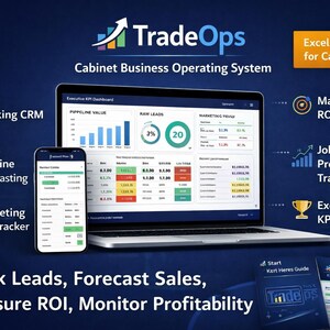Könnte beinhalten: Ein Laptop und ein Smartphone zeigen die Benutzeroberfläche des TradeOps Cabinet Business Operating Systems. Das Bild enthält den Text "Track Leads, Forecast Sales, Measure ROI, Monitor Profitability". Zusätzliche Symbole und Text heben Funktionen hervor.