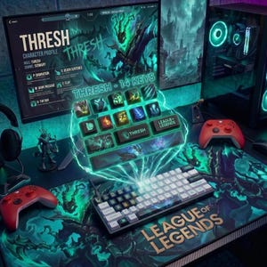 Könnte beinhalten: Eine mechanische Tastatur mit individuellen Tastenkappen, die Grafiken des League of Legends-Charakters Thresh und Fähigkeitssymbole zeigen. Das Set enthält 14 Tasten in Schwarz und Türkis, die über einer Tastatur auf einer Matte liegen.