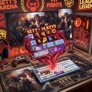 May include: A mechanical keyboard with light blue and white keycaps featuring League of Legends Sett character graphics, including a set of 14 custom keys with icons and text, displayed on a desk mat with a matching character illustration.