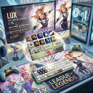 Peut inclure: Un ensemble de jeu sur le thème de League of Legends, comprenant un clavier, une souris et une manette. Le clavier est personnalisé avec des touches illustrées. Un écran affiche des informations de jeu et le tapis de souris présente Lux.