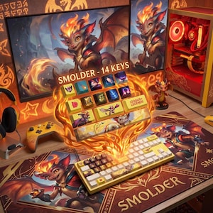 May include: A themed gaming setup with a custom keyboard, mousepad, and computer case, all featuring a dragon-like character design. The keyboard has custom keycaps with League of Legends icons. A monitor and PC display the same character. Text reads "SMOLDER - 14 KEYS".