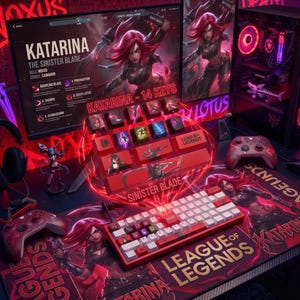 Può includere: Un setup di gioco con tastiera, mousepad e case per computer rossi e bianchi con grafica di League of Legends. La tastiera ha tasti personalizzati con grafica dei personaggi. Un monitor mostra Katarina, la Lama Sinistra. Sono presenti anche un controller e una statuina.