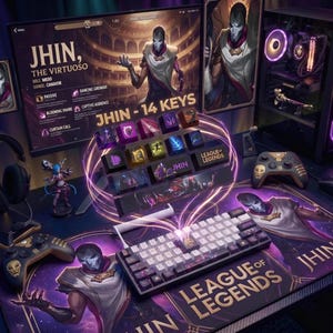 Peut inclure: Un ensemble de clavier mécanique personnalisé sur le thème de Jhin de League of Legends, comprenant 14 touches décorées aux accents violets et dorés, un tapis de bureau assorti et un câble torsadé, présenté devant un écran affichant les statistiques.