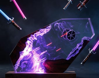 Star Wars Epoxy Resin Lamp, Crystal Night Light with Wooden Magnifying Glass and Resin, Handmade Sci-Fi Diorama Lighting, Geek Gift for Gaming Room Decor