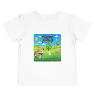 Hoppy Easter Kids Patch T-Shirt: Adorable Scene with Bunny, Chick, Dove, Eggs & Sun in a Spring Garden Joyful Happy Easter Gift for children