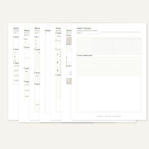 Könnte beinhalten: Ein Stapel weißer Papierplanerseiten mit Abschnitten für die tägliche, wöchentliche, monatliche und Zielverfolgung. Die Seiten haben ein minimalistisches Design mit Überschriften wie "Habit Tracker" und "Brain". Die Seiten sind hellbeige mit schwarzem Text.