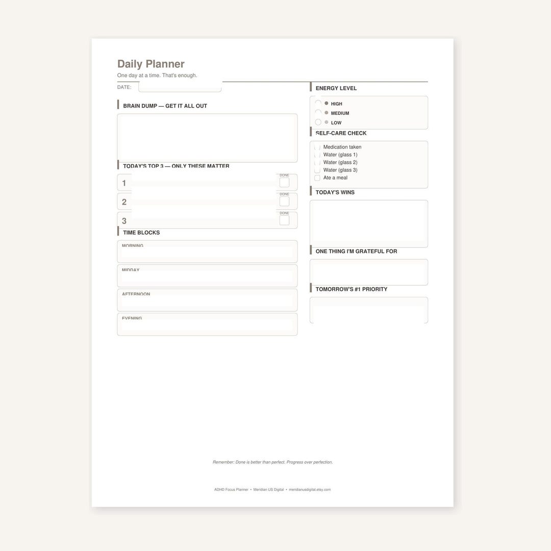 ADHD Planner Printable Neutral, Fillable Daily Planner PDF, Minimalist ...