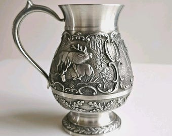 SKS Zinn Germany Pewter Embossed Cup Mug - Forrest Hunting Scene - 95% Pewter