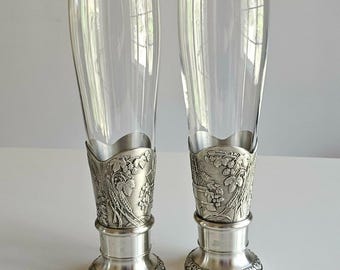 Set of 2 Vintage German Beer Glasses – Pewter Base Hops & Wheat Relief – 9"