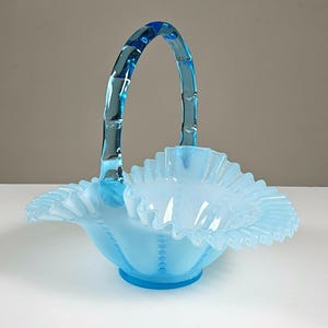 May include: A light blue opalescent glass basket featuring a ruffled, crimped edge and a translucent blue handle designed with a segmented, bamboo-like appearance. The bowl has a ribbed texture with vertical lines extending from the base.