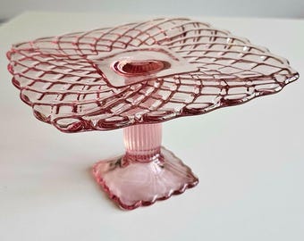 Vintage L.E. Smith Pink Glass Rose & Trellis Square Pedestal Cake Stand - 7.75"