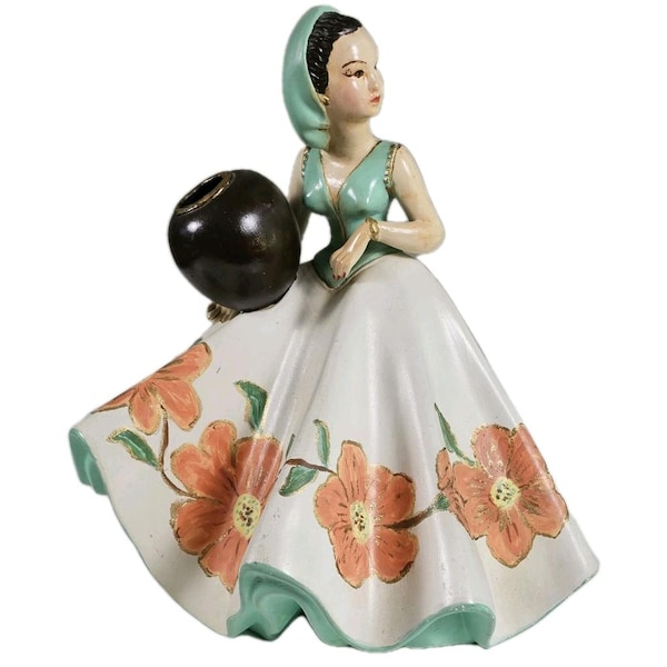Rare Art Deco Chalkware Woman Figurine MCM Carrying Water Pot Huge 12"