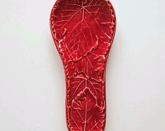 Red Cabbage Leaf Ceramic Spoon Rest Vintage Bordallo Pinheiro Style Majolica