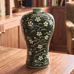 Vintage Korean Celadon Maebyeong Vase: Inlaid Plum Blossom, Signed Cheongcheon Kiln