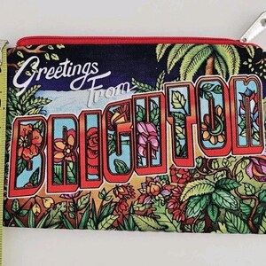 Pu&ograve; includere: Un astuccio rettangolare con cerniera souvenir di Brighton, largo circa 15 cm, con cerniera rossa e tiretto argentato. L'astuccio presenta un colorato design da cartolina con le parole "Greetings From Brighton" e illustrazioni floreali e di palme.