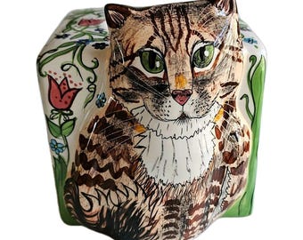 Nina Lyman Ceramic Tabby Cat Tissue Box Cover - Vintage Whimsical Floral Decor