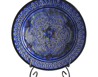 Plato de cerámica marroquí Safi Assala - Azul cobalto y negro - 25 cm (10 pulgadas) pintado a mano