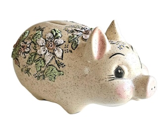 Hucha de cerámica vintage pintada a mano con motivos florales - Estilo MCM moteado - Color menta