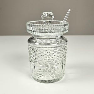 VTG Clear Pressed Glass Jam Jelly Jar & Lid with Spoon Mid-Century Diamond Cut