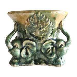 Vintage Japanese Majolica-Style Triple Elephant Planter - Mid-Century Modern