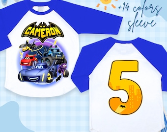 Camiseta personalizada de cumpleaños con diseño de Batimóvil: temática de superhéroes, camisetas a juego para toda la familia, todas las tallas.