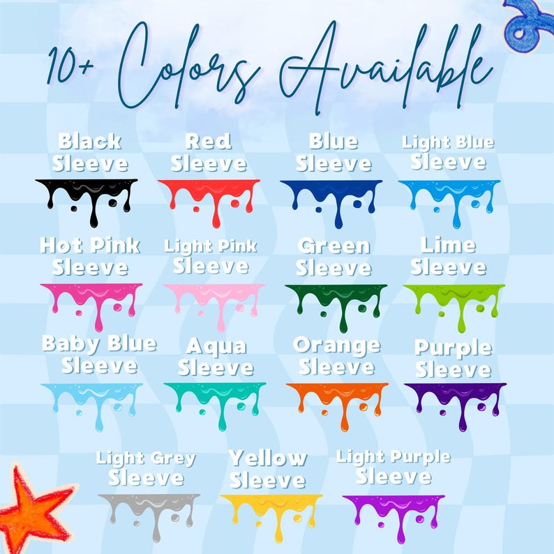 Może przedstawiać: Grafika prezentująca r&oacute;żne kolory rękaw&oacute;w, w tym czarny, czerwony, niebieski i jasnoniebieski. Tekst "10+ Kolor&oacute;w Dostępnych" znajduje się na g&oacute;rze. Inne kolory to r&oacute;żowy, jasnor&oacute;żowy, zielony, limonkowy, błękitny, morski, pomarańczowy i fioletowy.