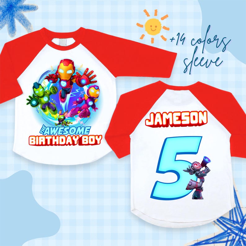 Puede incluir: Una camiseta de estilo ragl&aacute;n blanca y roja con un gr&aacute;fico de superh&eacute;roe colorido y el texto "The Awesome Birthday Boy". La parte trasera de la camiseta muestra el nombre "Jameson" sobre un gran n&uacute;mero "5" y una ilustraci&oacute;n de robot.