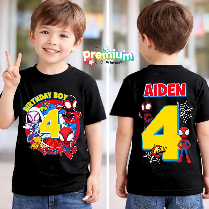 May include: Black t-shirt featuring Spider-Man characters, the number 4, and the text "BIRTHDAY BOY" on the front. The back of the shirt displays the name "AIDEN" and the number 4. A fun, colorful design for a child's birthday.