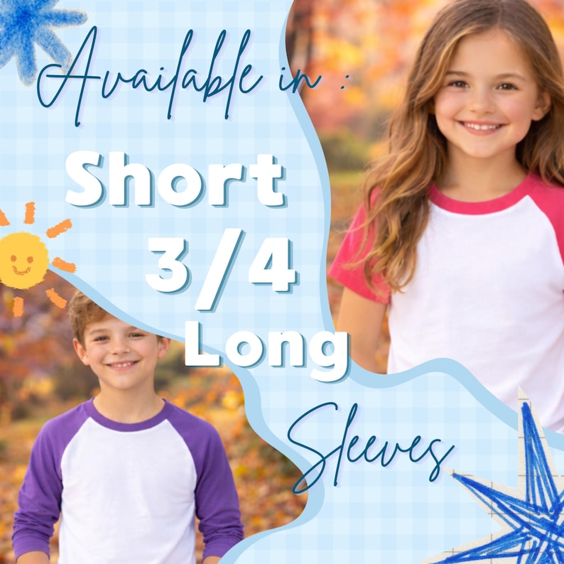 Może przedstawiać: Koszulki raglan dla dzieci z kr&oacute;tkim, 3/4 i długim rękawem. Na zdjęciu widać dwoje dzieci w koszulkach. Koszulki mają białe korpusy z kolorowymi rękawami. Widoczny jest r&oacute;wnież tekst "Available in" i "Sleeves".