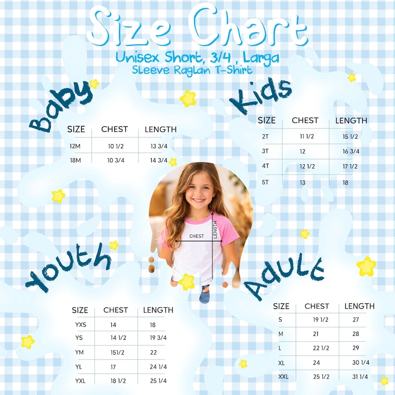 Puede incluir: Tabla de tallas para una camiseta ragl&aacute;n unisex de manga 3/4. La tabla incluye tallas de beb&eacute;, ni&ntilde;o, joven y adulto con medidas de pecho y largo. Una ni&ntilde;a modela la camiseta.