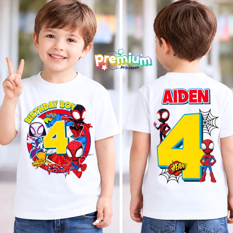 May include: White t-shirt featuring Spider-Man characters and the number 4. The front design includes the text "BIRTHDAY BOY" and "4". The back of the shirt displays the name "AIDEN" and the number 4, with Spider-Man graphics and a spider web.