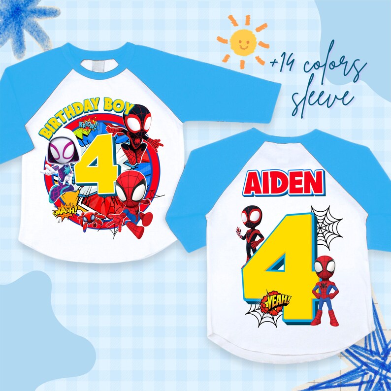 May include: White and blue raglan-style t-shirts featuring Spider-Man characters. One shirt says "BIRTHDAY BOY" and "4". The other shirt says "AIDEN" and "4". Both shirts have blue sleeves and a white body.