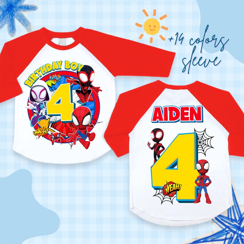 May include: White and red raglan-style birthday shirt featuring Spider-Man characters. The front displays "BIRTHDAY BOY" and the number "4" with comic book graphics. The back of the shirt has the name "AIDEN" and the number "4".