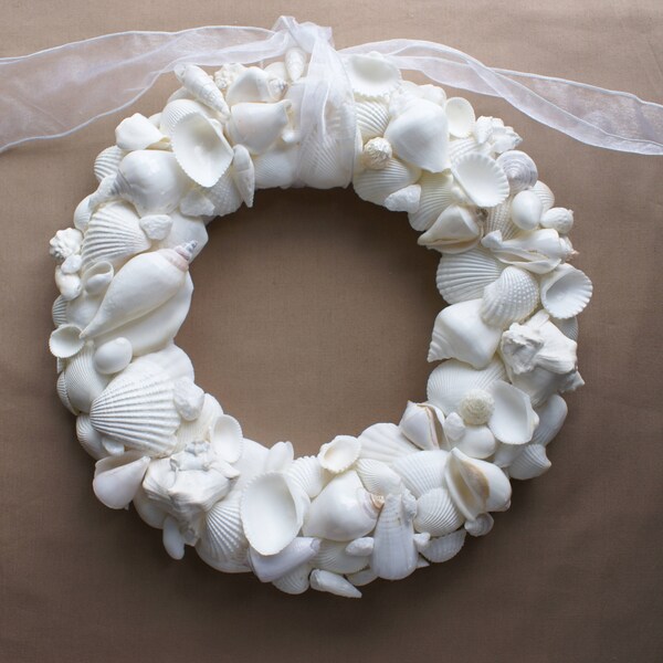 White seashell wreath - 13" seashell wreath - white wedding wreath - coastal decor - beach decor
