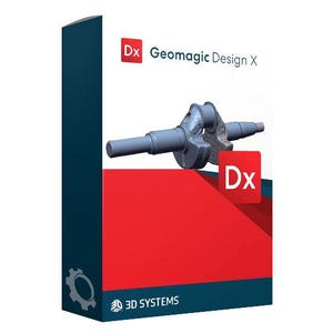 Puede incluir: Una caja de software para Geomagic Design X de 3D Systems. La caja presenta una sección superior blanca con un modelo de cigüeñal en malla azul, un cuadrado rojo con el texto blanco Dx y un panel inferior rojo con el logo de 3D Systems.