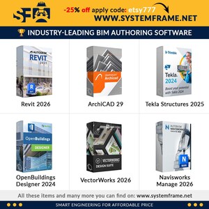 Może przedstawiać: Obraz przedstawia sześć pudełek z oprogramowaniem BIM (Building Information Modeling). Tytuły obejmują Revit 2026, ArchiCAD 29, Tekla Structures 2025, OpenBuildings Designer 2024, VectorWorks 2026 i Navisworks Manage 2026. Widoczny jest r&oacute;wnież tekst "INDUSTRY-LEADING BIM AUTHORING SOFTWARE".