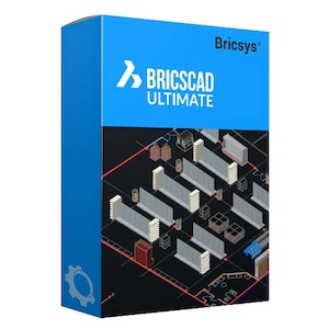 May include: A blue box with the text "Bricsys" and "BricsCAD Ultimate" in white. The box features a graphic of a building plan with red lines and architectural elements. A gear icon is on the side.