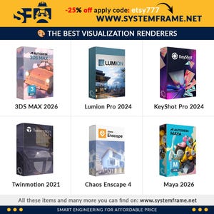 May include: An advertisement featuring six software product boxes: 3DS Max 2026, Lumion Pro 2024, KeyShot Pro 2024, Twinmotion 2021, Chaos Enscape 4, and Maya 2026. The text "THE BEST VISUALIZATION RENDERERS" is displayed above the product boxes. The website address is www.systemframe.net.