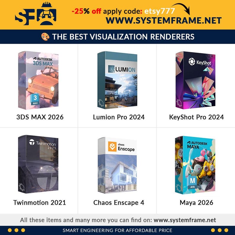 Może przedstawiać: Reklama przedstawiająca sześć pudełek z oprogramowaniem: 3DS Max 2026, Lumion Pro 2024, KeyShot Pro 2024, Twinmotion 2021, Chaos Enscape 4 i Maya 2026. Tekst "THE BEST VISUALIZATION RENDERERS" jest wyświetlany nad pudełkami. Adres strony internetowej to www.systemframe.net.