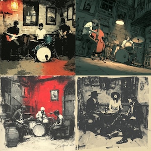 May include: A four-panel artwork depicting jazz musicians in dimly lit settings. Each panel shows a different band playing instruments like guitars, drums, and a double bass. The artwork has a vintage, sketched style with a limited color palette.