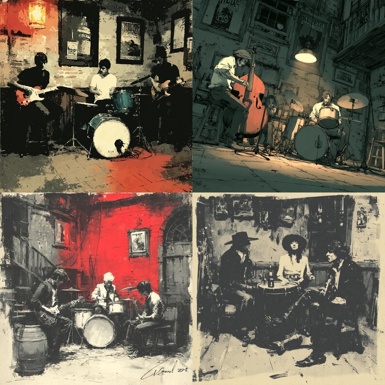 May include: A four-panel artwork depicting jazz musicians in dimly lit settings. Each panel shows a different band playing instruments like guitars, drums, and a double bass. The artwork has a vintage, sketched style with a limited color palette.
